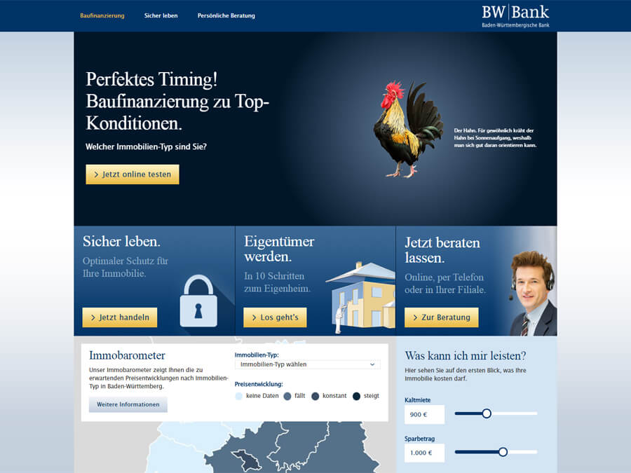BW-Bank: Moderne Startseite mit Teasern und interaktiven Inhalten wie einem Baukreditrechner